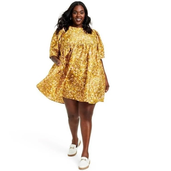 Kika Vargas ForTarget Dress Size XL Mum Floral Puff Sleeve Mini Gold NWT - Picture 1 of 3